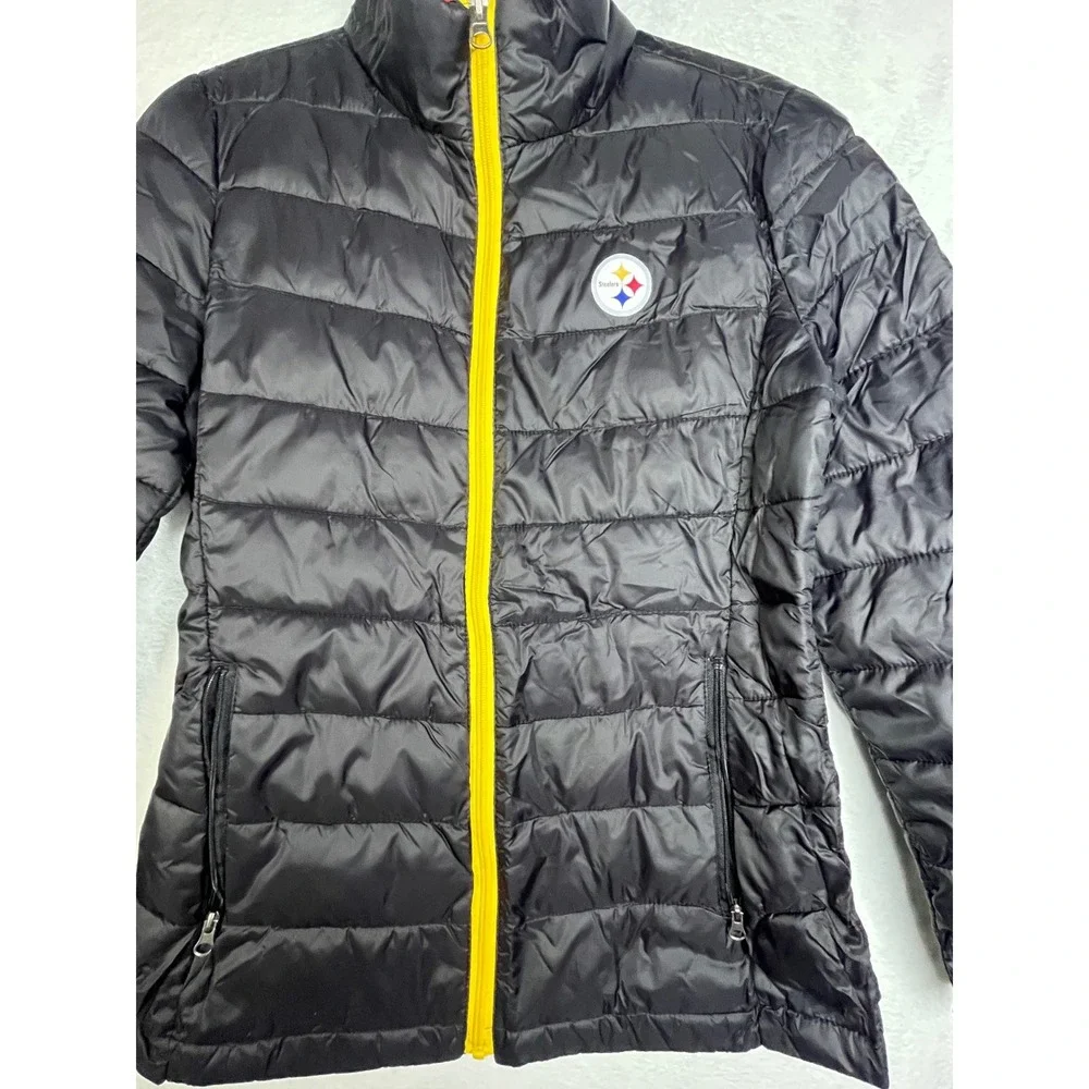 NFL Pittsburgh Steelers Puffer Jacket Women Small Black Yellow Quilt Zip Up - Picture 3 of 13
